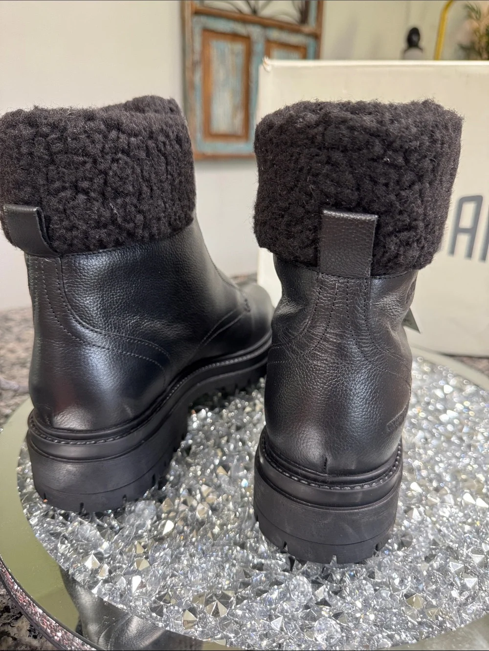 Cougar Vow Black Waterproof Leather Winter Ankle Boots with Shearling Cuff NEW